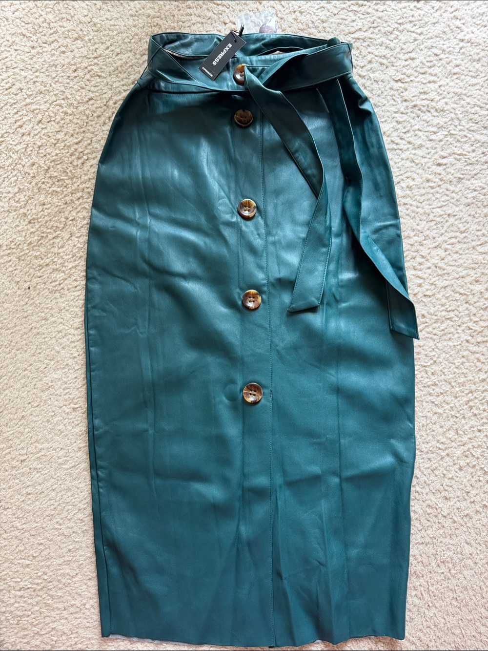 NEW- Express Teal Faux Leather Button-Front Midi Skirt with Waist Tie Belt